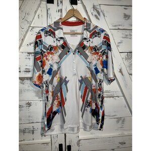 Lucky In Love Polo Shirt Womens Geo White Multicolor Print Tennis Athletic L